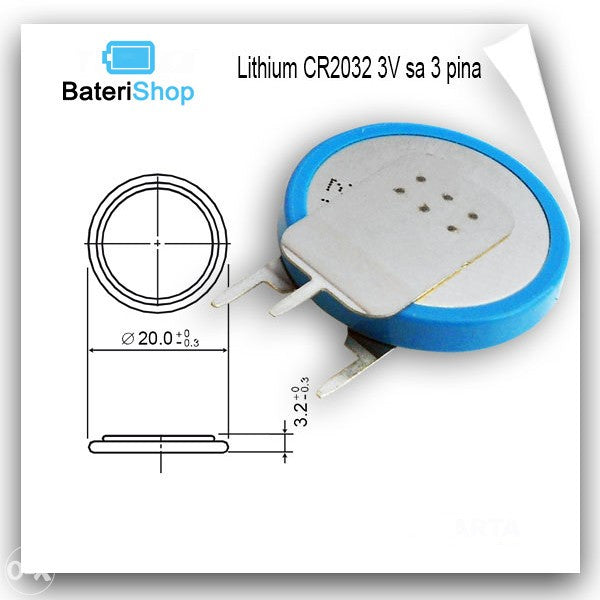 Baterija Litijum CR2032 3V sa 3 pina vertikalna